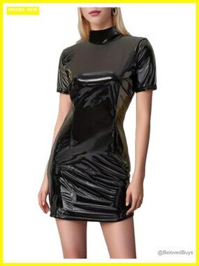 Plus Size Faux Leather Bodycon Mini Dress High Neck Short Sleeve Sleek Club